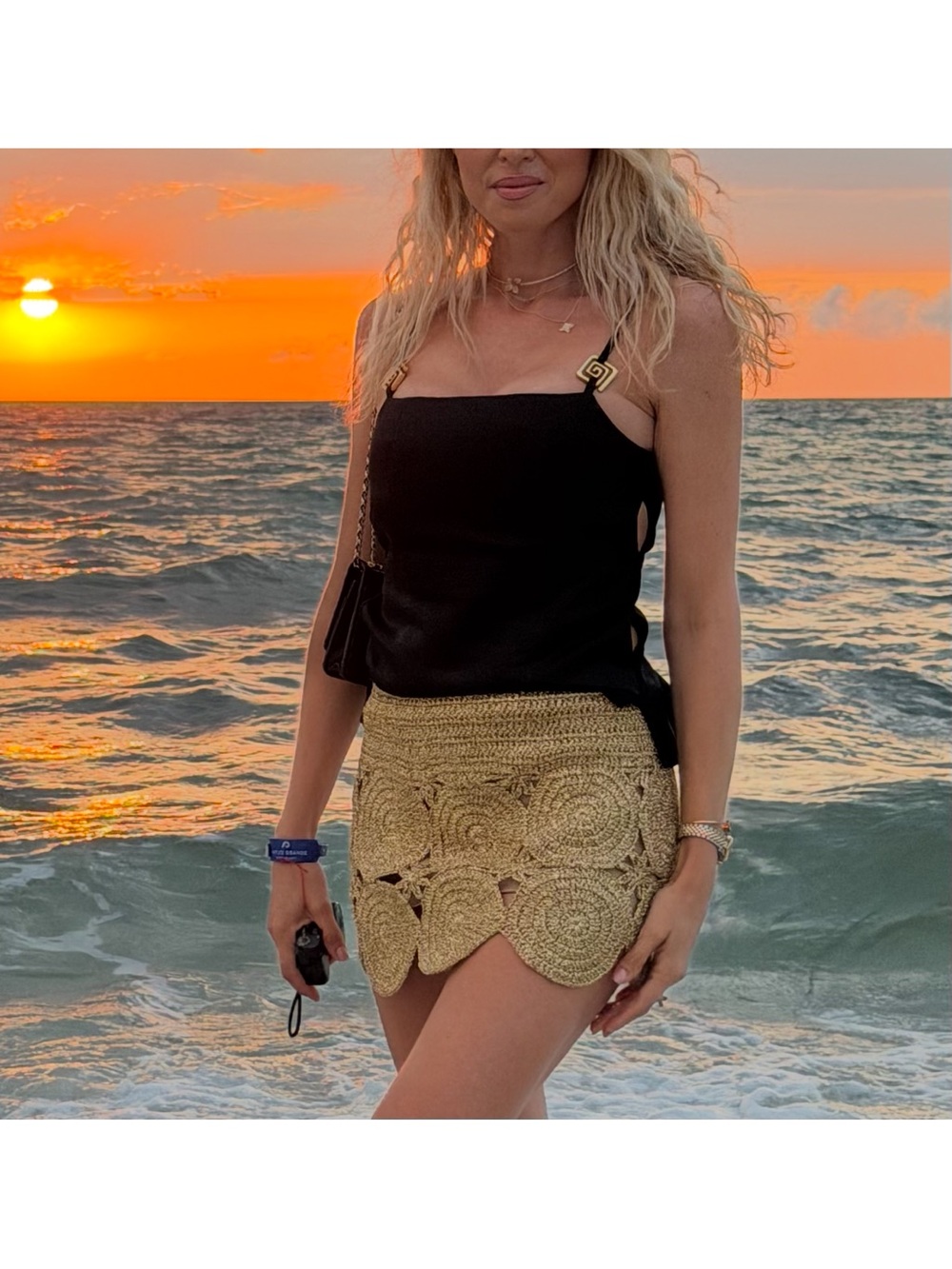 TRESSE Paris Black Satin-Look Top with Gold Accent Strap